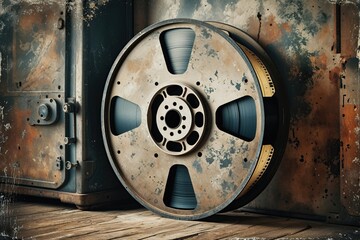 Fototapeta premium Vintage Film Reel with Distressed Texture and Aged Dusty Color Washes