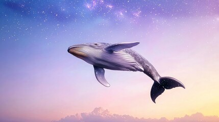 Pixel Whale Soaring Through a Starry Sunset Sky