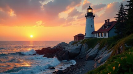 Fototapeta premium Serene coastal sunset illuminates a majestic lighthouse standing tall on a rocky shore, waves gently crashing against the pebbled beach, a tranquil scene of natural beauty
