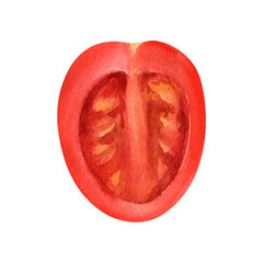 Half of a ripe cherry tomato with visible seeds and soft pulp, painted in watercolor. Suitable for cooking websites, nutrition infographics, organic farm visuals, and plant-based food guides.