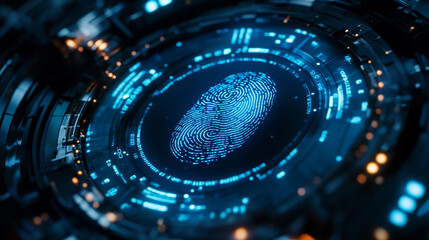 Obraz premium Futuristic blue holographic interface displaying a high-tech digital system with intricate circuits, glowing data streams, and a cybernetic design