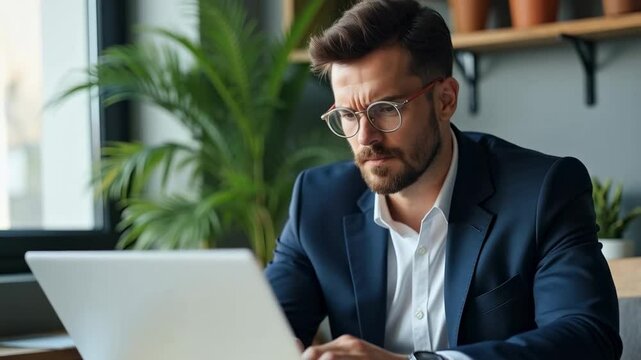Focused Young Professional Working on Laptop in Modern Office Space with Indoor Plants, Exhibiting Concentration and Intelligence in Urban Environment