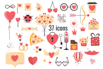  Cartoon Valentine's day romantic stickers. Cute valentines day icons on 14th of February set