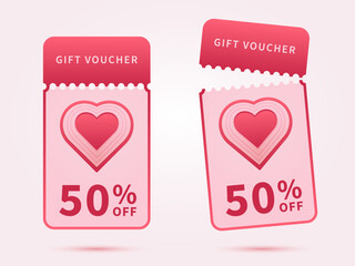 Discount coupon or promotion voucher on romantic love theme. Paper gift ticket for cashback. -50 %