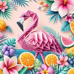 Naklejka premium origami flamingo in the garden flower