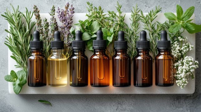 Herbal Essential Oils Arranged With Fresh Herbs on a Tray. Generative AI