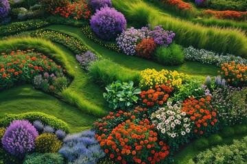 Fototapeta premium Vibrant Horticulture Aerial View of Colorful Grassland and Flower Patterns