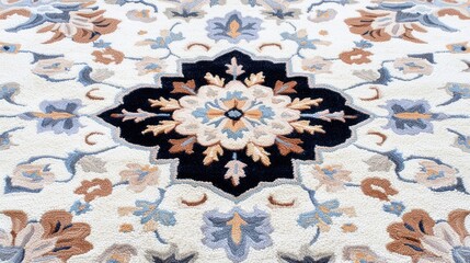 Detailed Floral Rug Pattern in Cream Beige Navy Blue and Brown