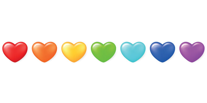 Rainbow love. Seven hearts in rainbow colors, stacked in a row, isolated on a transparent background. Pride month. Vector illustration