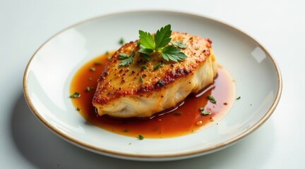A Pan-Seared Fish Fillet with Savory Glaze and Fresh Herb Garnish on a Simple Plate