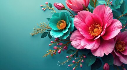A vibrant arrangement of meticulously crafted paper blossoms, showcasing a delightful contrast of teal and fuchsia hues, adorned with delicate gold accents, set against a serene teal backdrop.