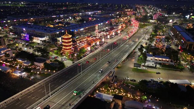 Aerial Shot of a Pagoda in Jakarta, Indonesia Chinatown restaurant complex at night