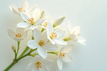 Fototapeta premium Delicate cluster of pristine white blossoms, showcasing their intricate details and soft petals against a gentle, light background.