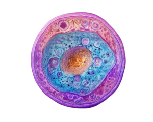 vibrant, high magnification image of cell structure showcasing intricate details and colors. central nucleus is surrounded by colorful cytoplasm, highlighting cellular components