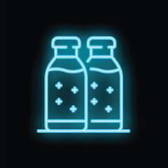 Blue neon sign depicting two milk bottles with cross or plus sign pattern, set on black background