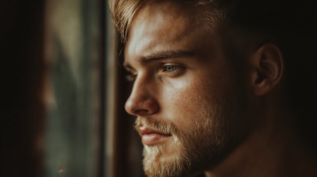 Dramatic profile of bearded man in low light. Ideal for men's grooming, artistic portraiture, and modern masculinity content.