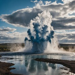 Obraz premium Photograph the Strokkur Geyser erupting with tourists reacting in the foreground.