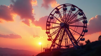 A majestic Ferris wheel silhouetted against a vibrant sunset, casting a captivating shadow on a gently sloping hill, evokes feelings of wonder and adventure.