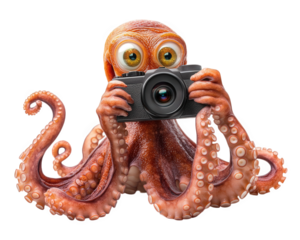 octopus holding camera, capturing fun selfies with playful expression. This whimsical creature showcases its unique personality and love for photography