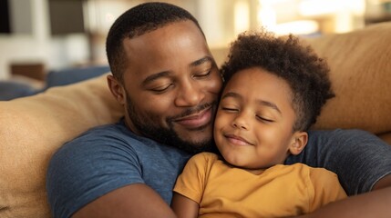 Obraz premium African American father and son sharing tender moment. Perfect for family bonding, parenting, and emotional wellness content.