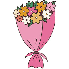 Colorful doodle bouquet of flowers for present at Valentine day, birthday, International Women Day, wedding. Hand drawn spring floral gift. Cute clipart of bunch of flower blossom isolated on white.