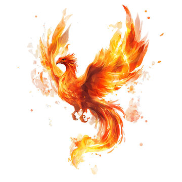 Burning phoenix with orange flames, isolated on a transparent background