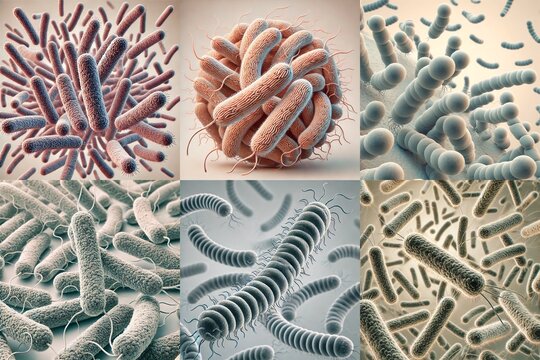 collage of ai generated images representing various bacteria seen under a microscope