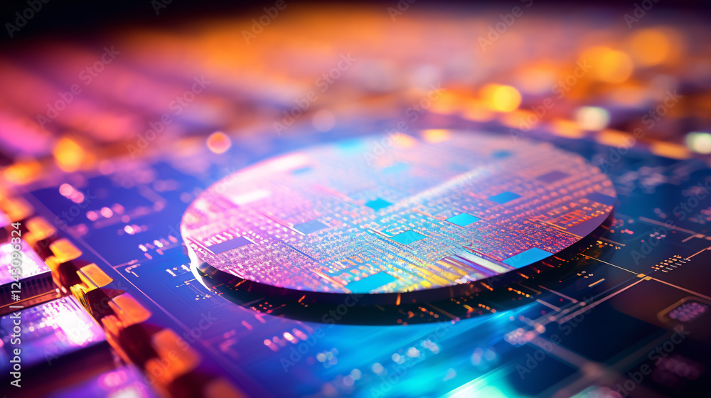 Poster Macro shot of an iridescent silicon circuit with bokeh effects, perfect for technology display backgrounds.

