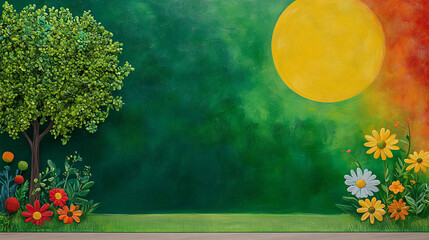 vibrant landscape featuring lush green tree, colorful flowers, and bright yellow sun against gradient background. This enchanting scene evokes sense of tranquility and joy