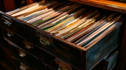 A vintage wooden drawer overflowing with documents showcasing archival and record-keeping aspects.