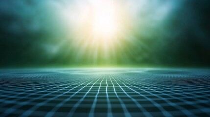 Abstract grid landscape with light rays, futuristic background, digital art, perfect for technology presentations