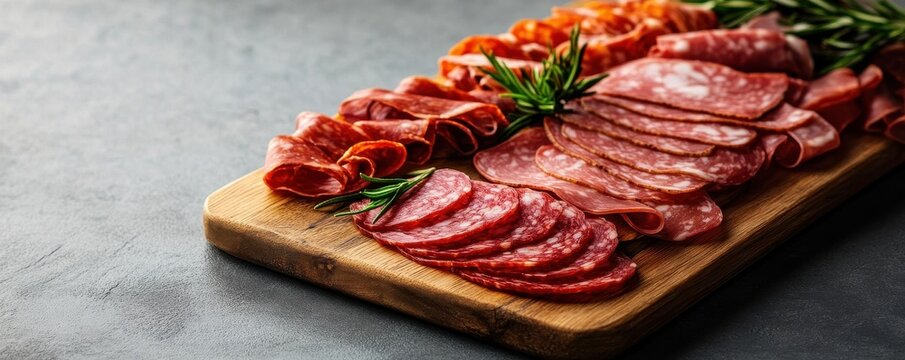 A beautifully arranged charcuterie board featuring various cured meats and fresh herbs, perfect for gatherings and entertaining. - Powered by Adobe