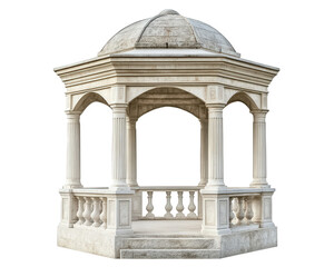 Classic stone gazebo with ornate columns and domed roof, perfect for outdoor gatherings or as decorative feature in gardens. Its elegant design adds charm to any setting