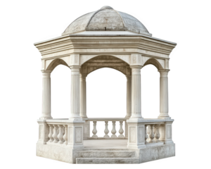 Classic stone gazebo with ornate columns and domed roof, perfect for outdoor gatherings or as decorative feature in gardens. Its elegant design adds charm to any setting