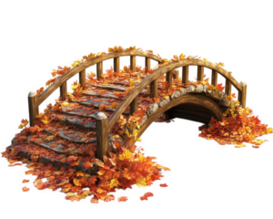 picturesque wooden bridge covered in vibrant autumn leaves, creating cozy and inviting atmosphere. scene captures essence of fall with its warm colors and natural beauty