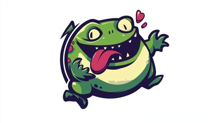 Obraz premium A cartoon frog with a wide smile, a long tongue, and hearts floating above it on a white background
