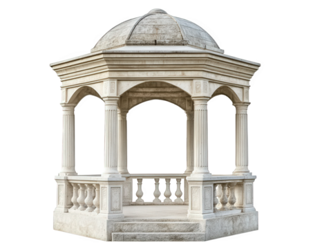 Classic stone gazebo with ornate columns and domed roof, perfect for outdoor gatherings or as decorative feature in gardens. Its elegant design adds charm to any setting