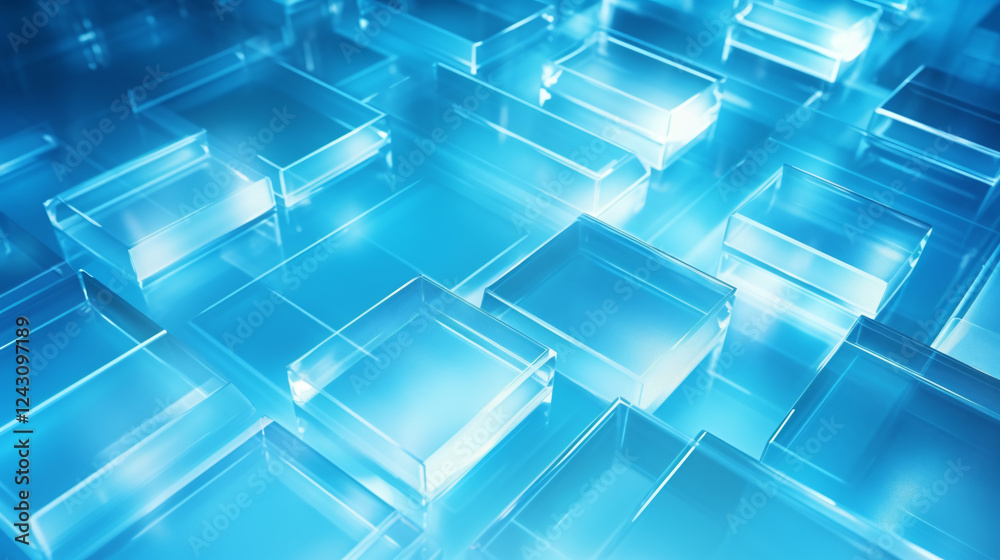 Poster glass sheets of varying sizes on a blue futuristic background, ideal for technology presentations an