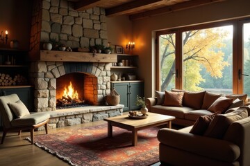 Rustic stone fireplace in cozy living room with autumnal view
