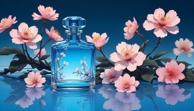 Frasco de perfume m&iacute;nimo y flores por todo el conjunto, luz superior encima de un fondo con agua, combinaci&oacute;n de colores de saturaci&oacute;n, refracci&oacute;n de vidrio de luz brillante, sombreado moteado