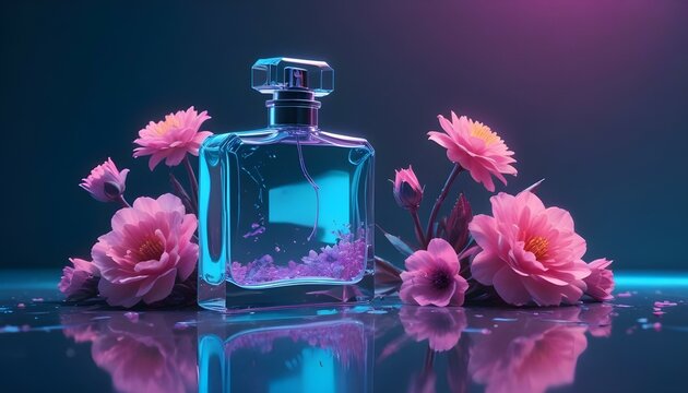 Frasco de perfume m&iacute;nimo y flores por todo el conjunto, luz superior encima de un fondo con agua, combinaci&oacute;n de colores de saturaci&oacute;n, refracci&oacute;n de vidrio de luz brillante, sombreado moteado