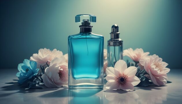 Frasco de perfume m&iacute;nimo y flores por todo el conjunto, luz superior encima de un fondo con agua, combinaci&oacute;n de colores de saturaci&oacute;n, refracci&oacute;n de vidrio de luz brillante, sombreado moteado