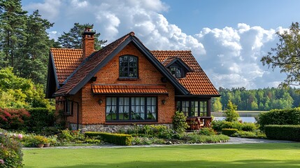 Charming Countryside House with Vibrant Red Brick Facade and Surrounding Lush Greenery Under Bright Blue Sky with Fluffy White Clouds Peaceful and Inviting Ambiance