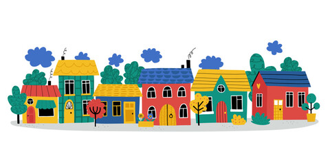 Cute houses, city buildings, trees in Scandinavian style. Cozy city panorama vector illustration. Hand-drawn houses with cute details. Sweet home. Flat vector illustration isolated on white background