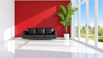Modern Living Room Interior Design Black Leather Sofa Red Accent Wall Bright Sunlight