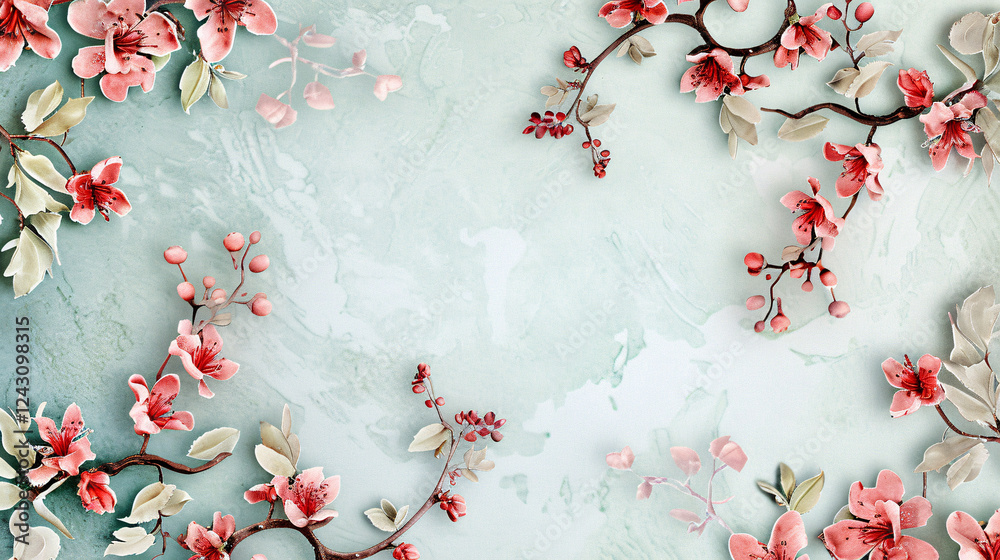 Aufkleber Pink flowered branches framing a textured background with space for text