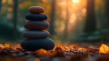Obraz premium Perfectly Balanced Stack of Stones Set Against a Tranquil Forest Background with Soft Morning Light Filtering Through the Trees Creating a Calm and Meditative Atmosphere