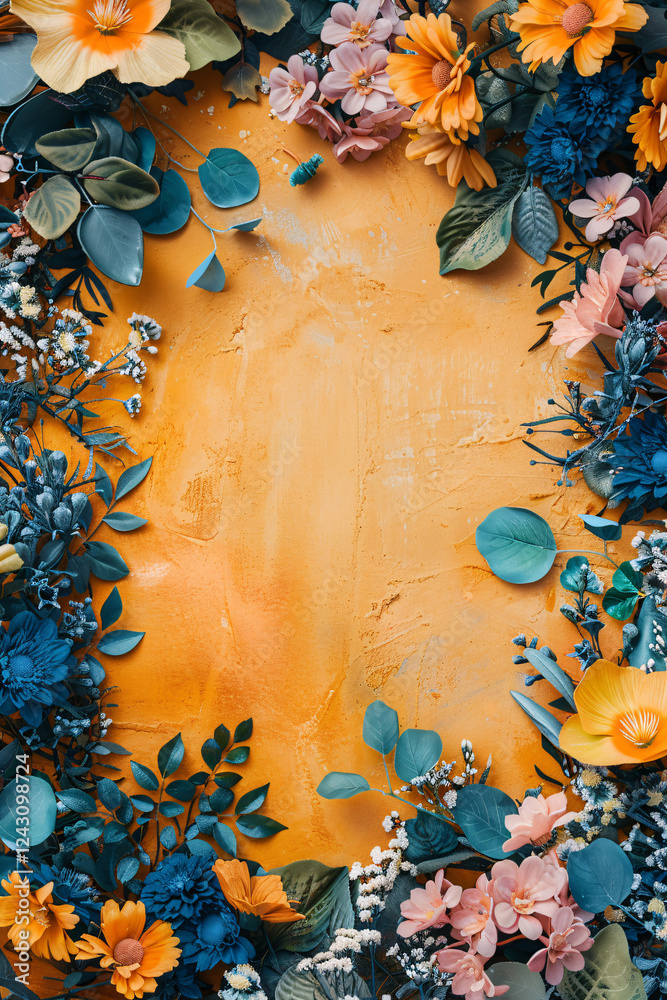 Poster orange textured background is adorned with a vibrant and cheerful floral frame border made of blue a