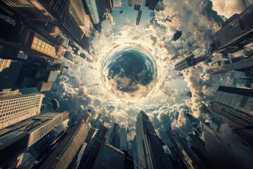 A cityscape with a large circle in the middle