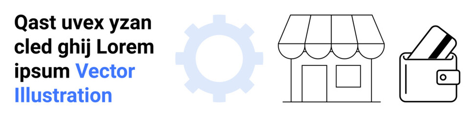 E-commerce, finance, and process management representation featuring a gear, storefront, and wallet with card. Ideal for business, finance, marketing, online shopping concepts startups management